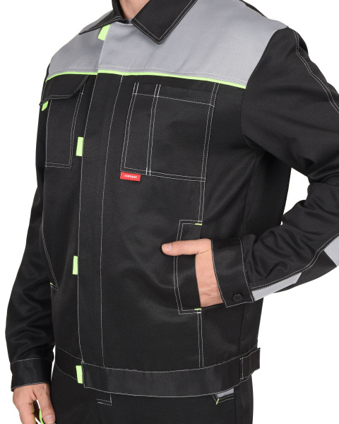 Костюм "Фаворит" летний: куртка, п/к черный со св.серым и лимонным кантом