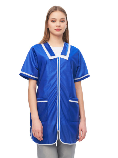 Халат женский нейлоновый (кор. рукав) васильковый, на молнии