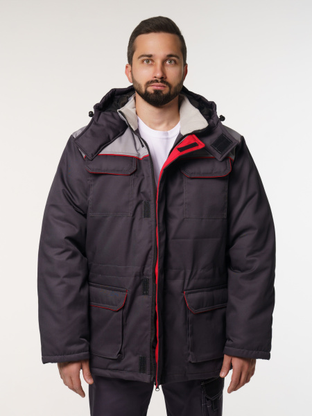 Куртка мужская зимняя Кур703 ткань Твил, цвет темно-серый, светло-серый с красным кантом без СОП